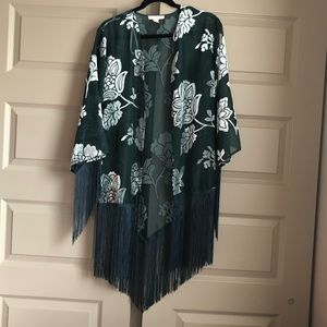 Sheer Teal Cardigan with Tassels and Velvet Detail